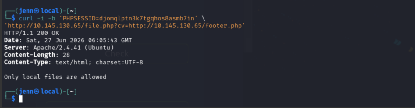 Same-host HTTP fetch of footer.php | 200 OK but no useful content exposed